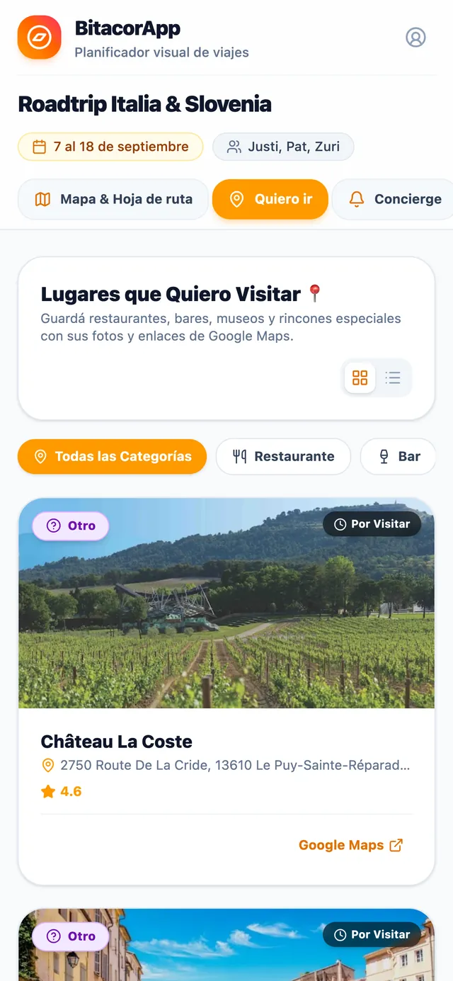Lista de lugares para visitar con fotos, dirección y rating